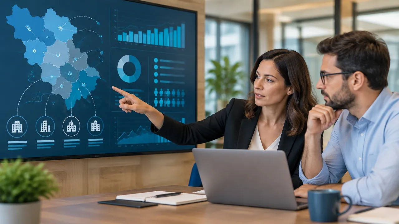 Profissionais analisam segmentos de empresas e oportunidades comerciais em um painel de dados
