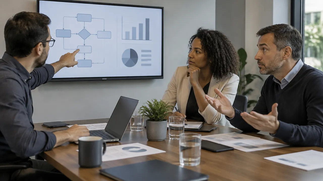 Profissionais analisam um fluxo de trabalho enquanto tentam separar dados técnicos de reações defensivas.