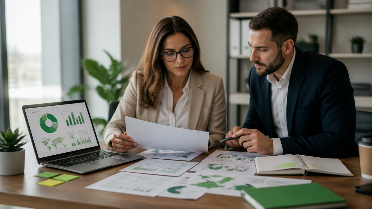 Profissionais analisando materiais de estudo sobre divulgação de sustentabilidade e clima em um escritório corporativo.