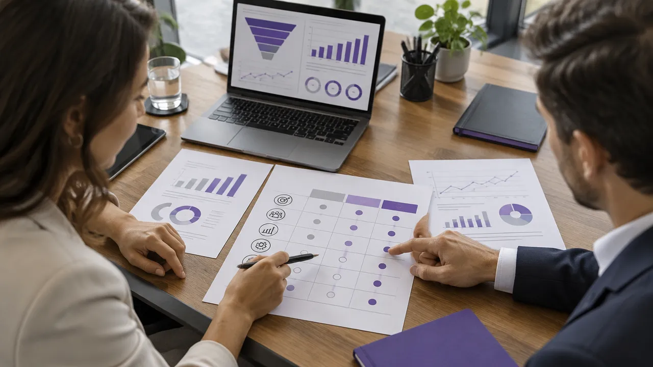 Profissionais B2B comparando critérios e métricas de uma consultoria de marketing