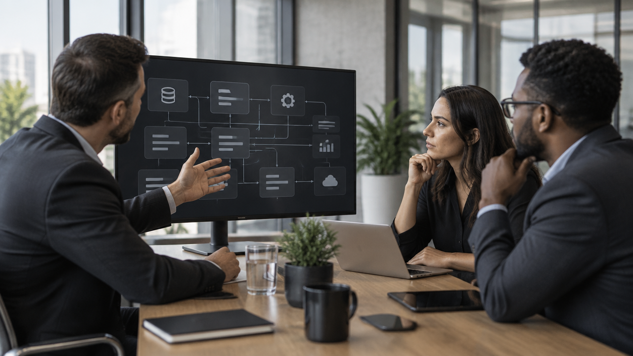 Profissionais comparando abordagens de fornecedores e consultorias de inteligência artificial