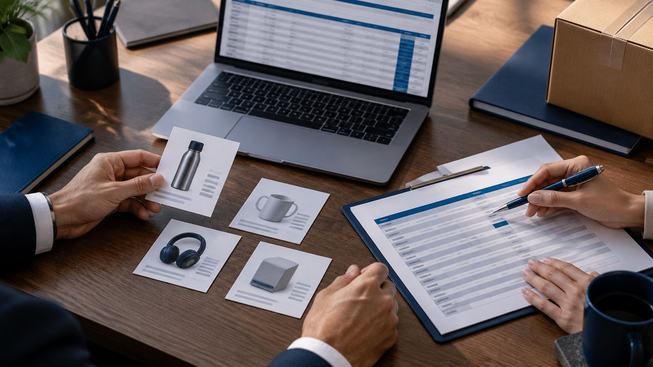 Profissionais conferem a descrição de um produto e seus dados fiscais em documentos e planilha digital