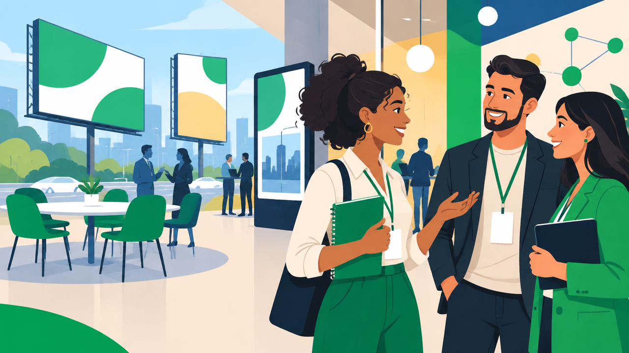 Profissionais conversam em um evento sobre mídia OOH, com painéis de publicidade e telas digitais ao fundo.