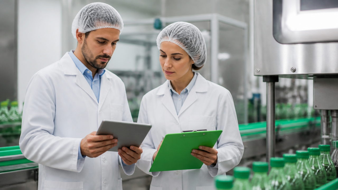 Profissionais da indústria de alimentos analisando documentação de certificação em área de produção