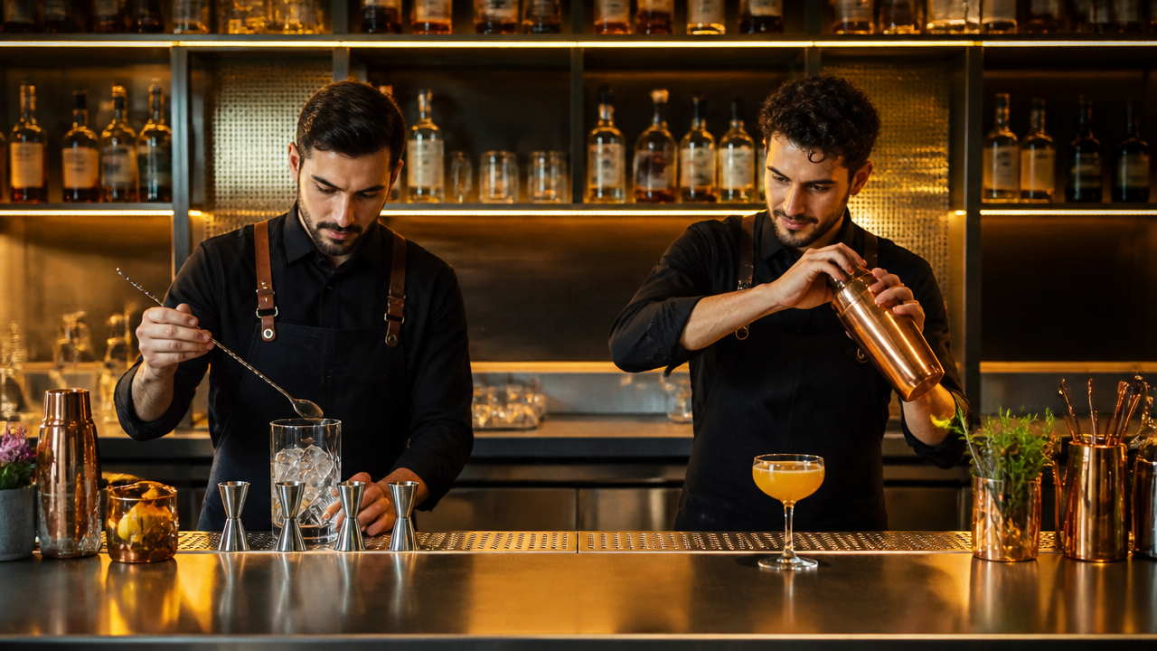 Profissionais de bar comparando estilo clássico e moderno no preparo de coquetéis em escola de bartenders