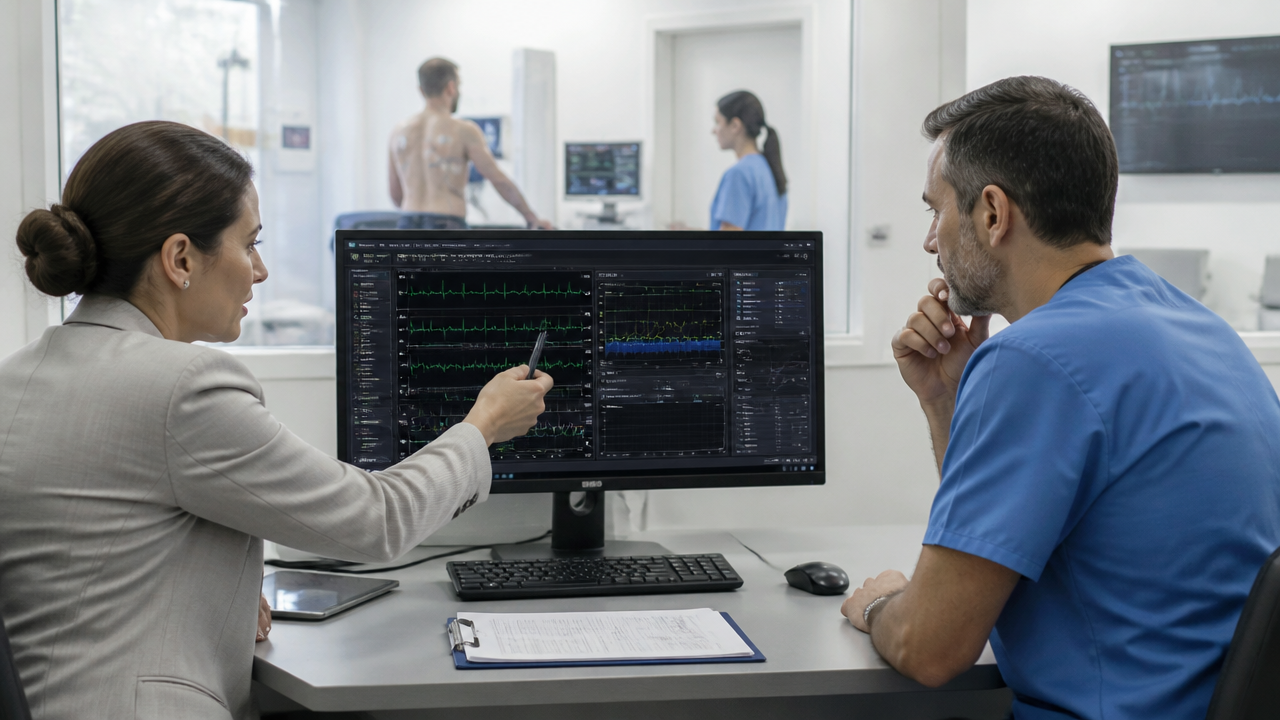 Profissionais de clínica cardiológica acompanhando exames de ECG, Holter e MAPA em uma plataforma integrada