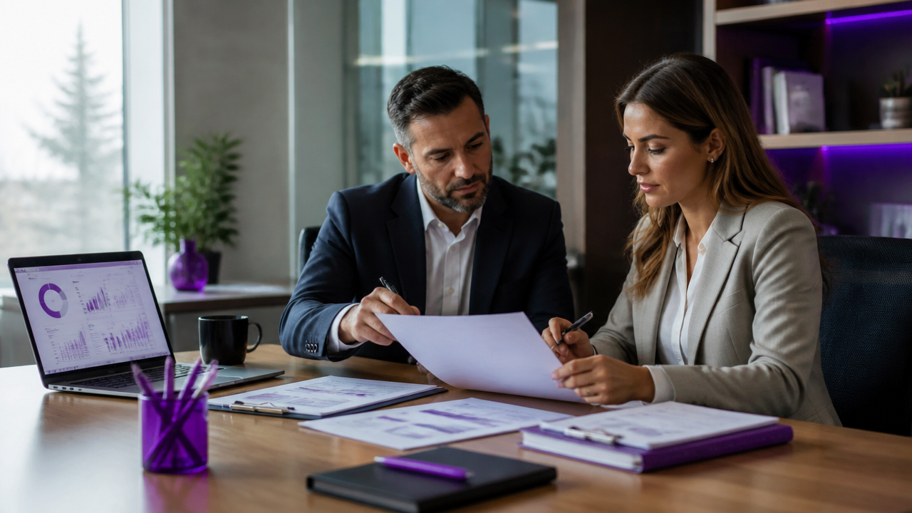 Profissionais de escritório contábil revisando contrato e checklist de compliance em reunião.