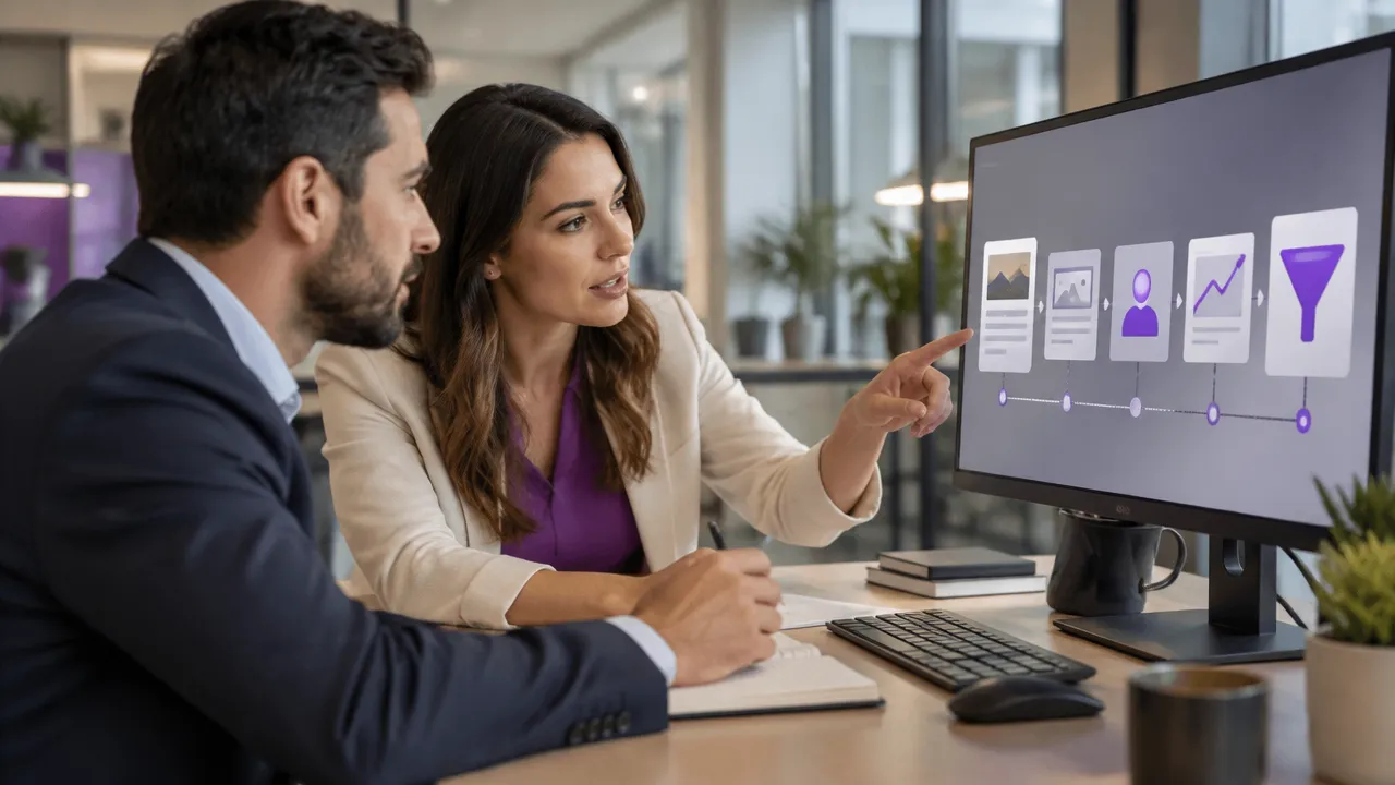 Profissionais de marketing e vendas alinham conteúdo e oportunidades B2B diante de um monitor