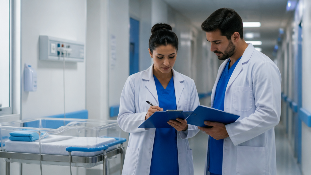 Profissionais de saúde revisam anotações clínicas em maternidade ao lado de berço hospitalar