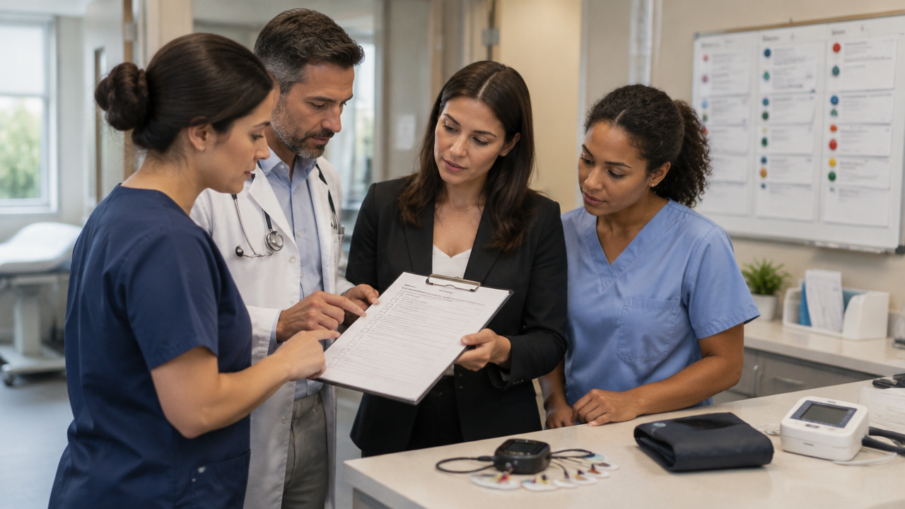 Profissionais de uma clínica revisam juntos uma lista de verificação para cobrir o fluxo de exames cardiológicos