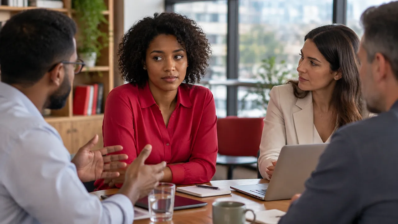 Profissionais em reunião observam uma reação defensiva sutil durante uma conversa de trabalho
