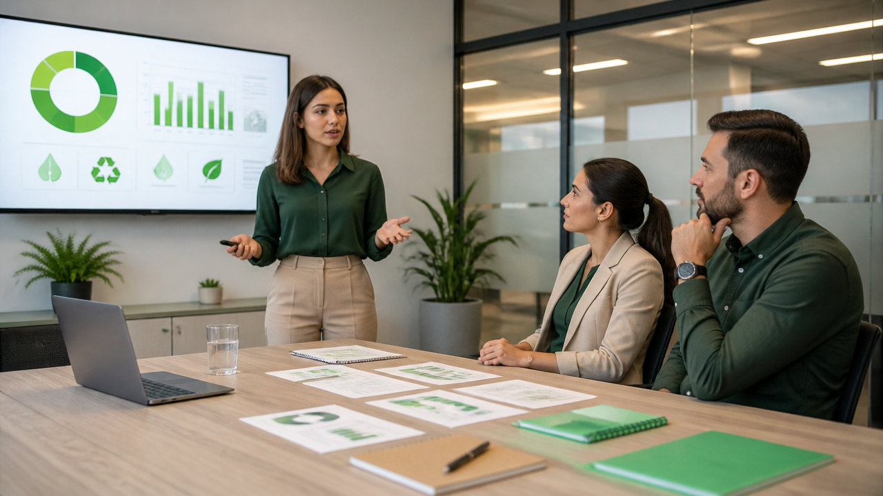 Profissionais em treinamento corporativo sobre sistema de gestão ambiental em escritório moderno