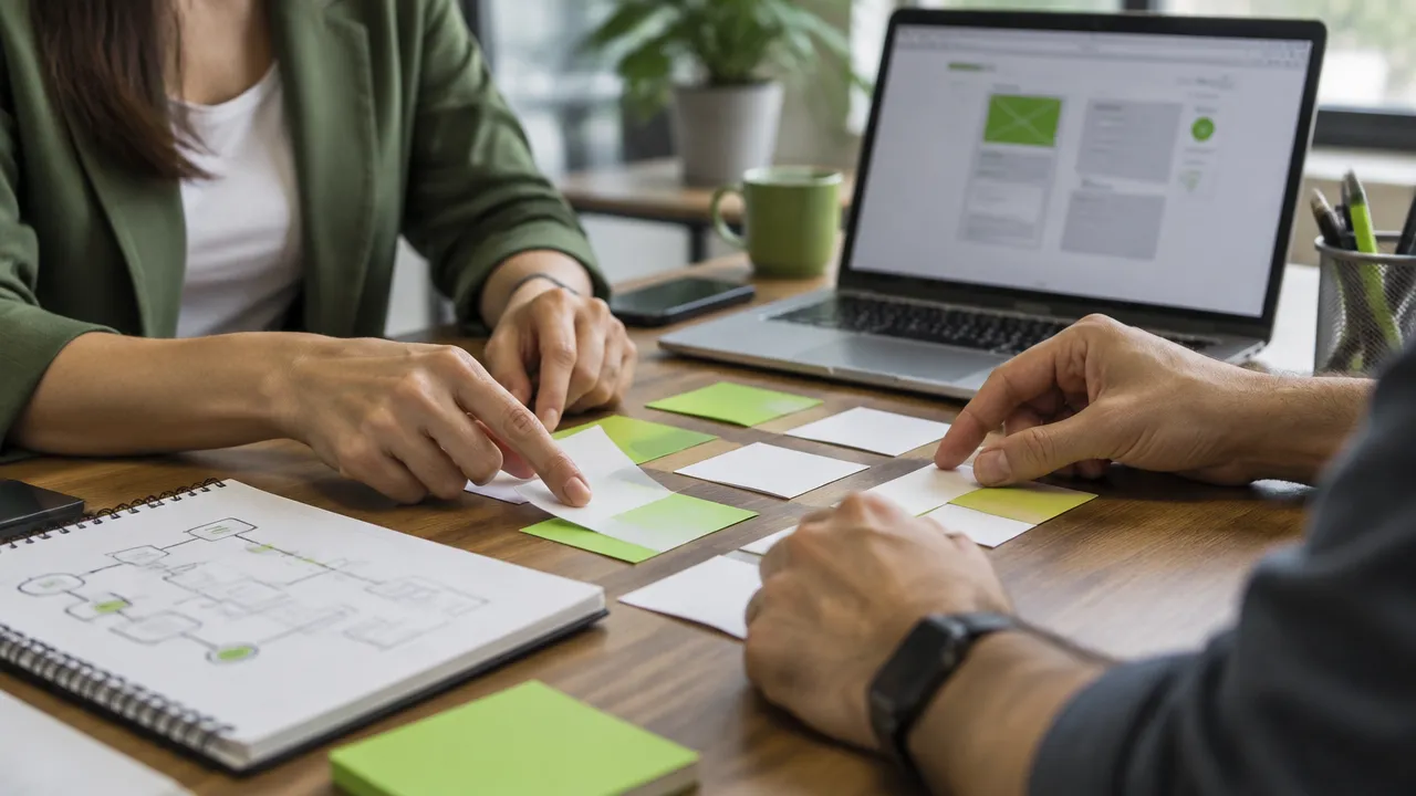 Profissionais organizam requisitos, protótipos e entregas para um projeto de software empresarial.