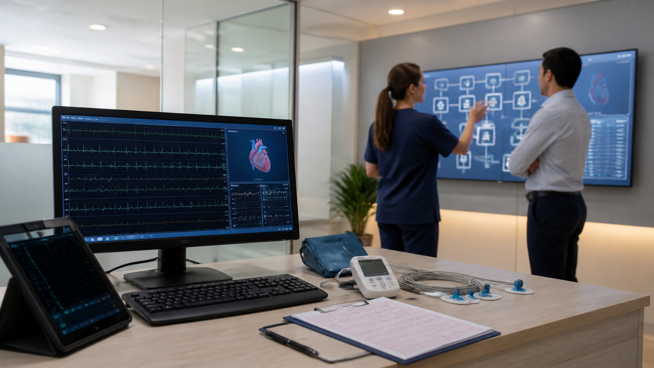 Profissionais organizando a rotina de exames cardiológicos com laudos digitais em clínica moderna
