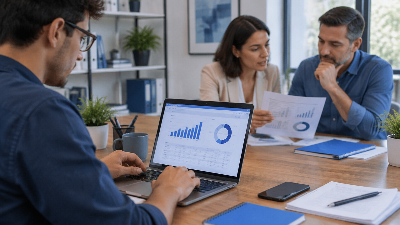 Profissionais organizando rotinas financeiras e discutindo resultados da empresa