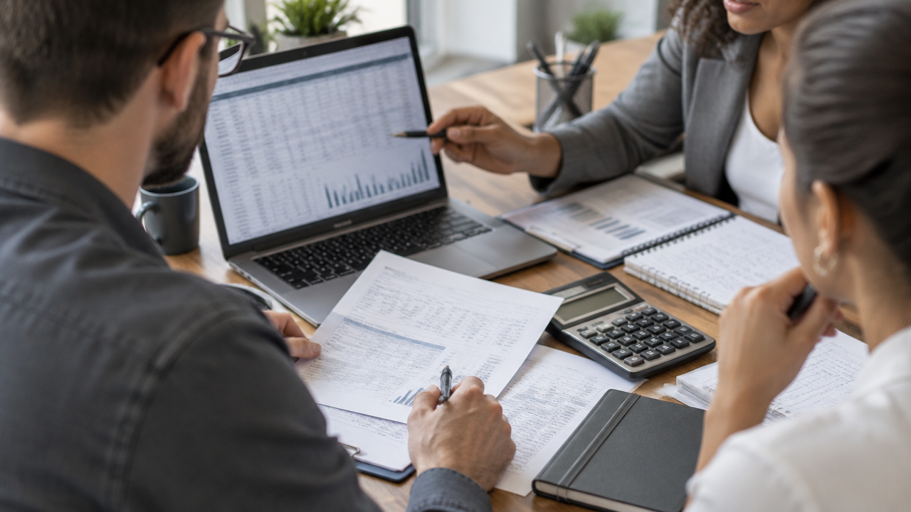 Profissionais praticam conferência de extratos e organização de contas em uma mesa de trabalho