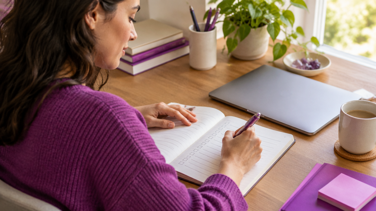 Profissional adulta estudando e registrando a prática deliberada em um caderno para consolidar uma nova habilidade.