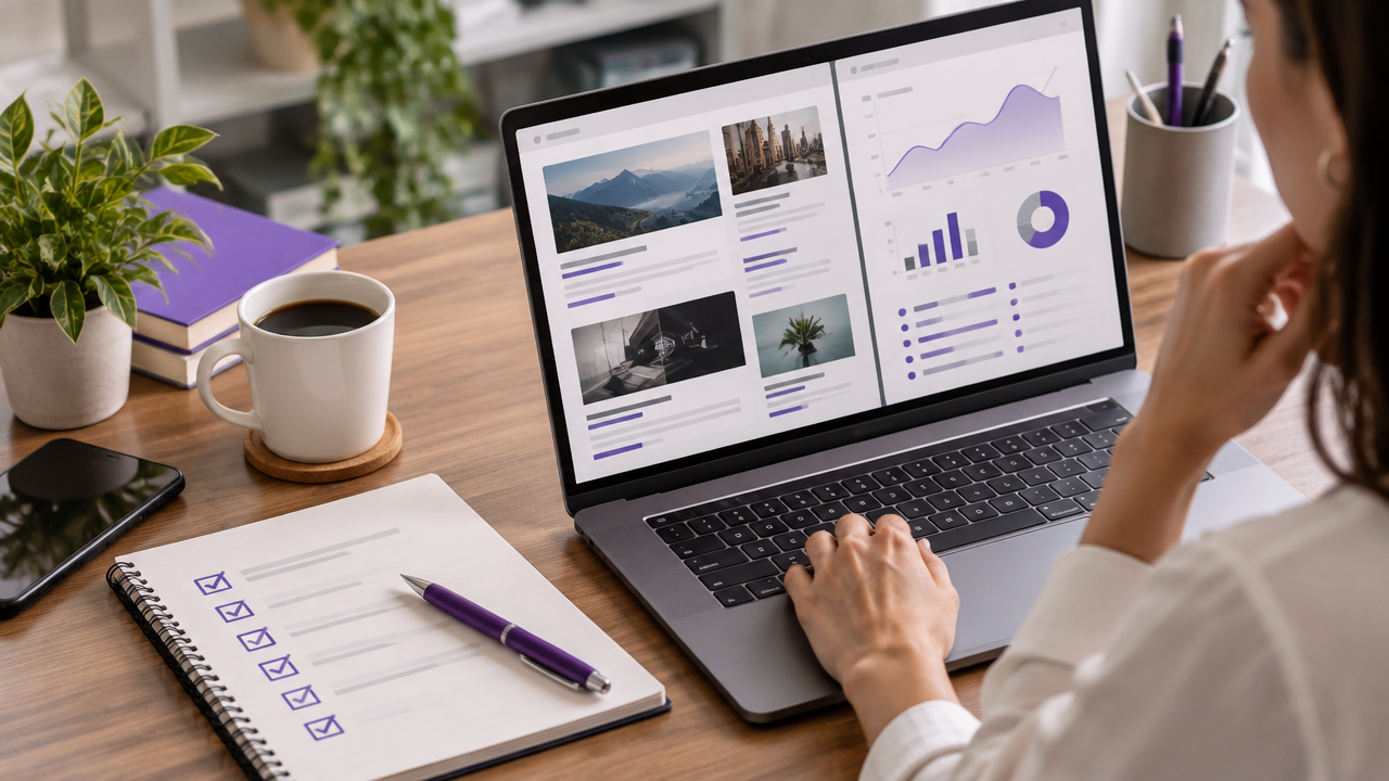 Profissional analisa a relevância e a qualidade editorial de sites parceiros em um laptop