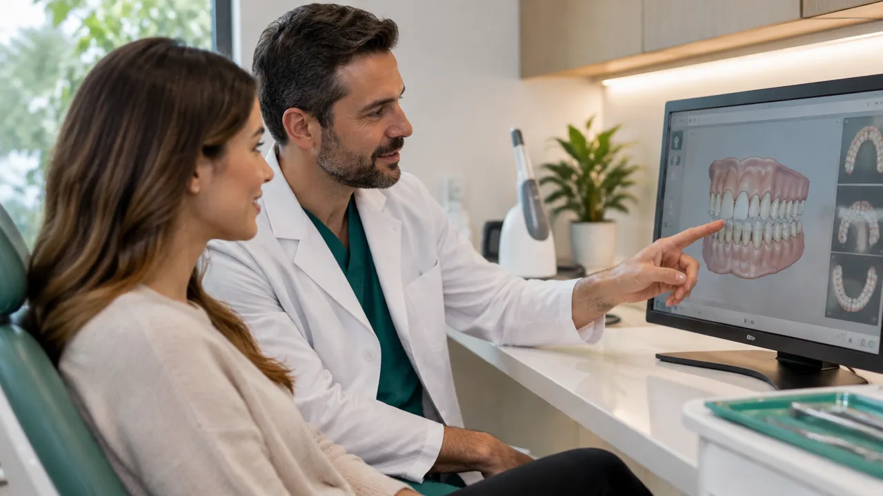 Profissional analisa escaneamento digital dos dentes durante planejamento ortodôntico individualizado