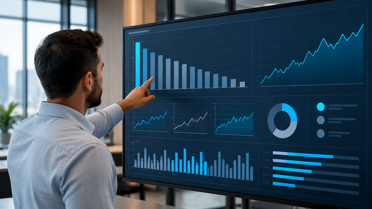 Profissional analisa um painel comparativo de atividade de ações em gráficos genéricos