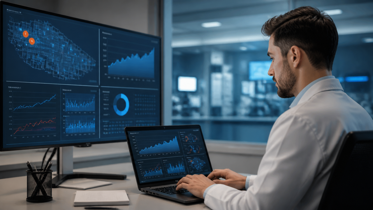 Profissional analisando alertas e tendências de sensores IoT em painel de monitoramento