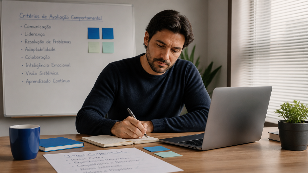 Profissional analisando competências comportamentais durante uma transição de carreira