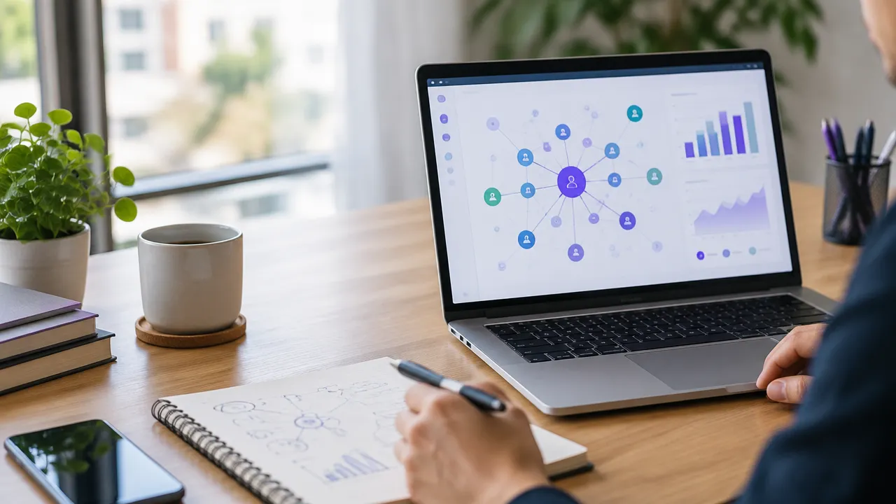 Profissional analisando conexões entre sites em uma ferramenta de link building no laptop