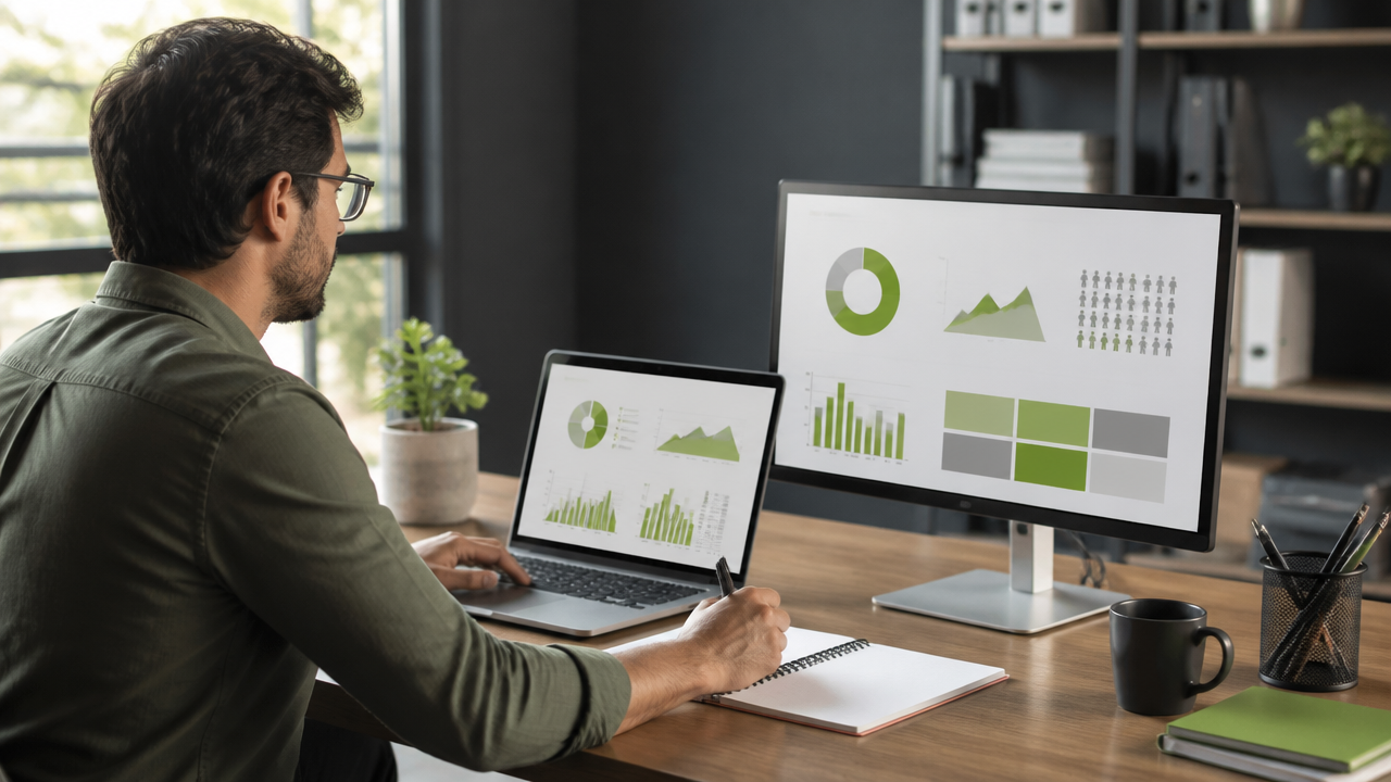 Profissional analisando estratégia de mídia paga em notebook e monitor com gráficos de campanhas.