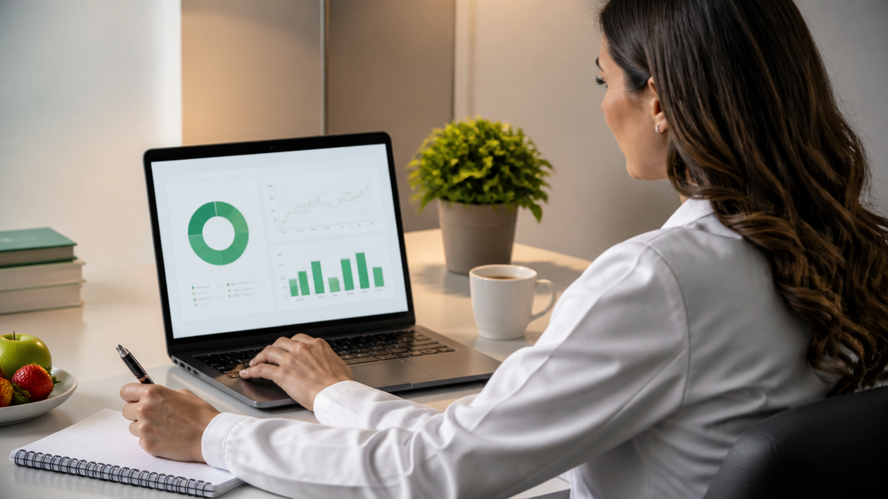 Profissional analisando indicadores de consultas online em painel simples no computador