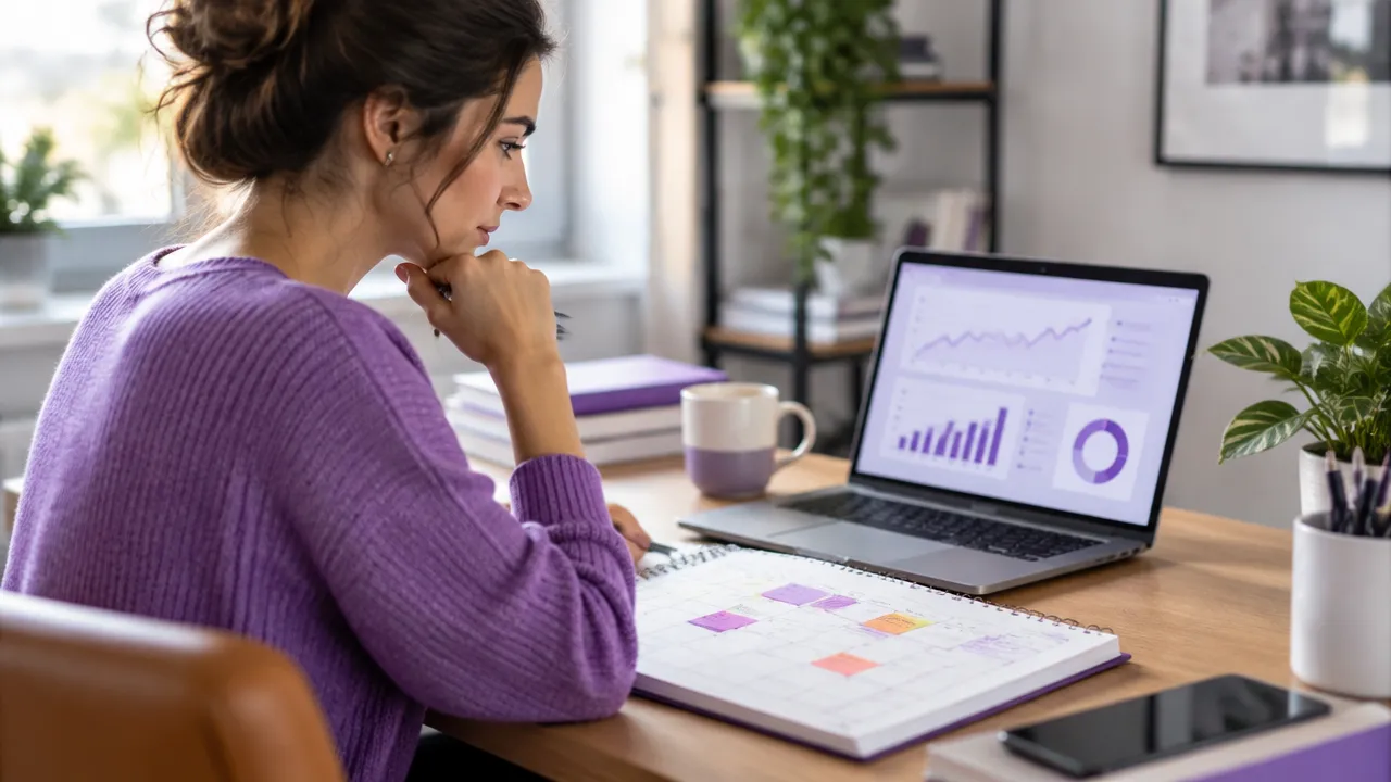 Profissional analisando métricas de um blog e calendário editorial em uma mesa de trabalho