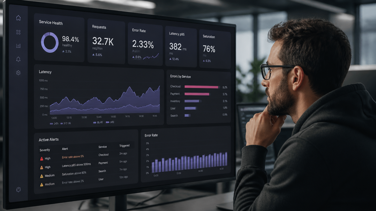 Profissional analisando métricas e alertas de observabilidade durante uma janela de migração