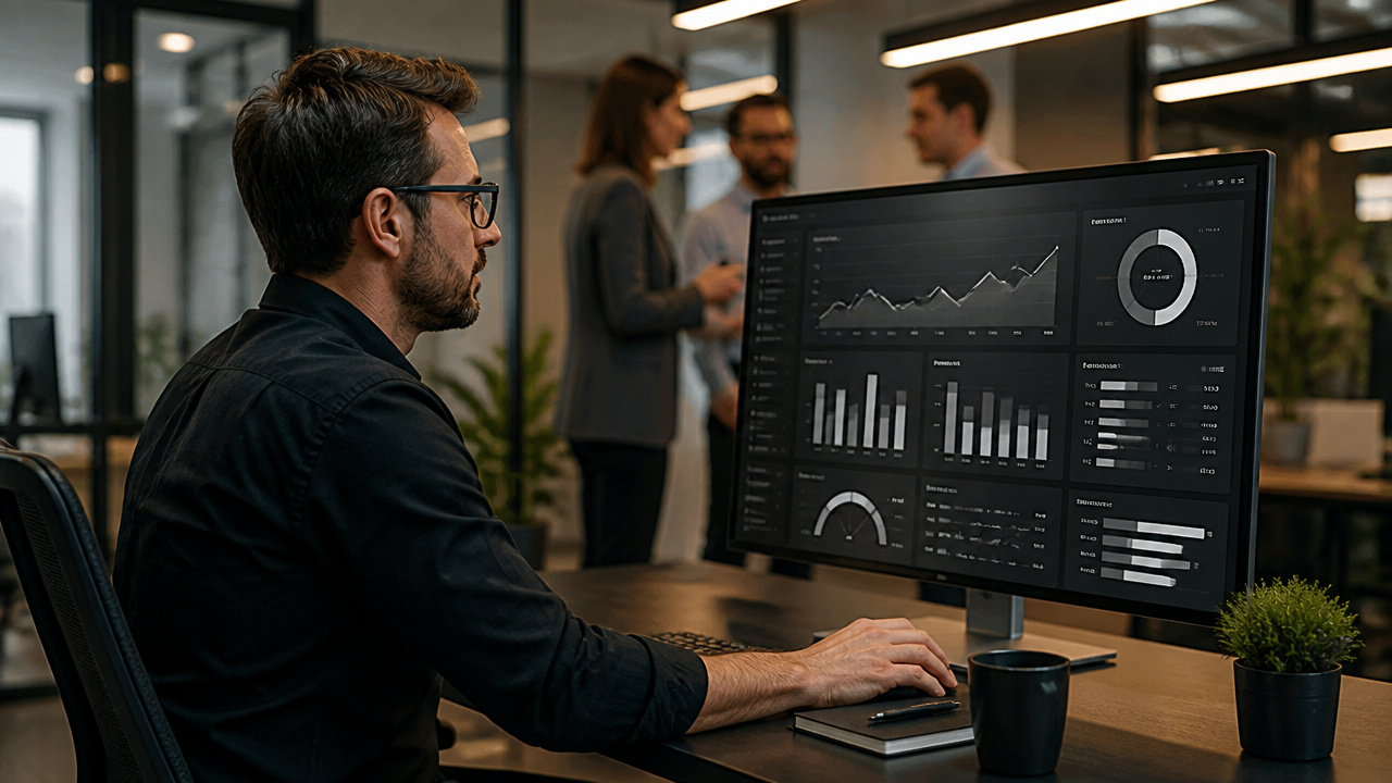Profissional analisando métricas operacionais em dashboard após projeto de IA agêntica
