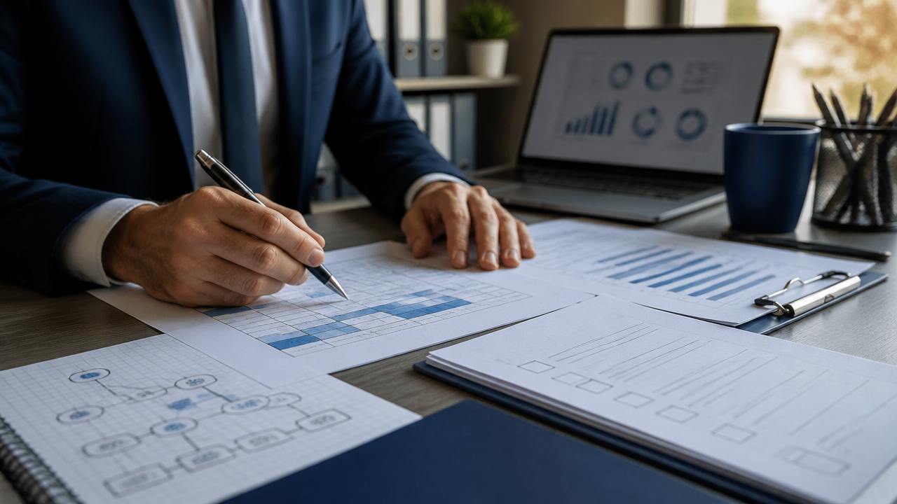 Profissional analisando planilhas e checklist para simular cenários do regime tributário