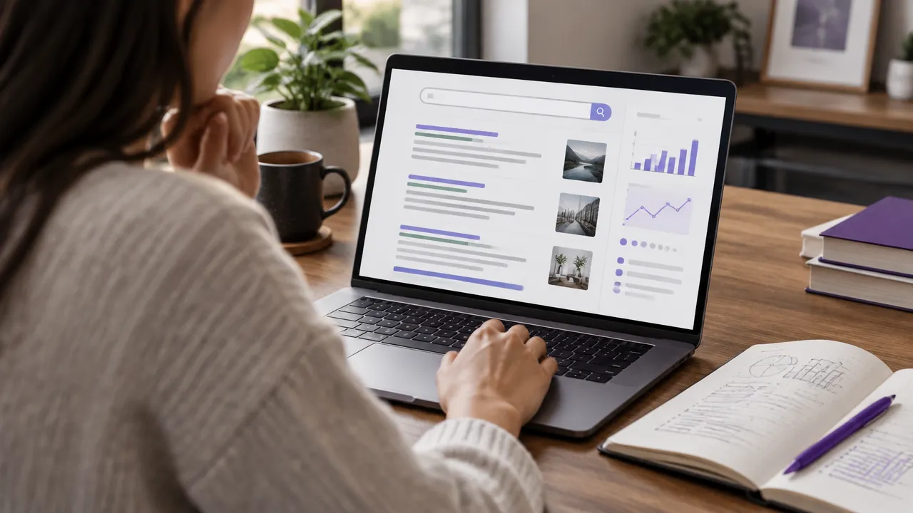 Profissional analisando resultados de busca no laptop para validar uma pauta de blog