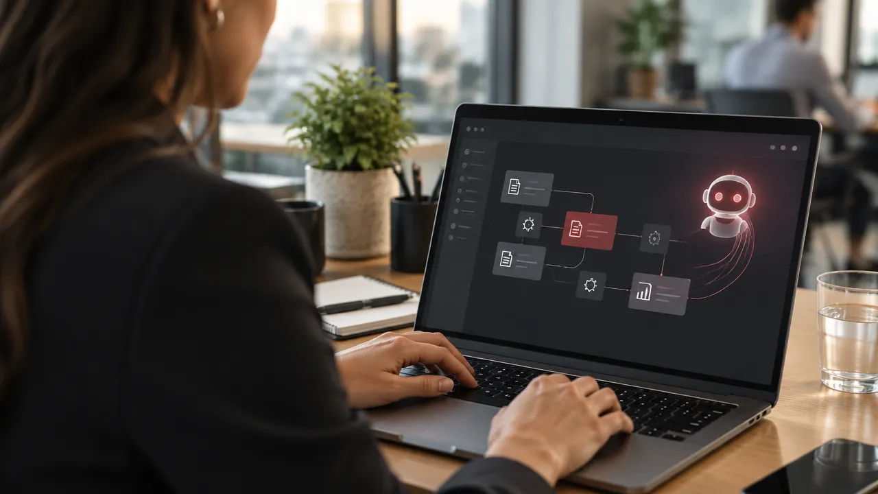Profissional analisando um fluxo de automação com inteligência artificial em uma plataforma SaaS