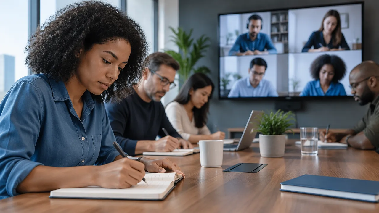 Profissional anota ideias em silêncio enquanto colegas presenciais e remotos participam de uma reunião híbrida