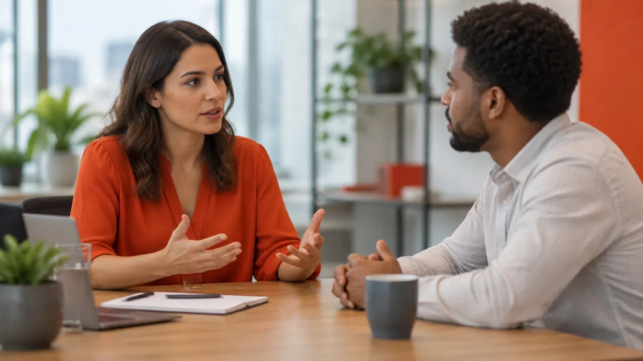 Profissional apresenta um pedido com serenidade enquanto um colega escuta atentamente durante uma conversa de trabalho.