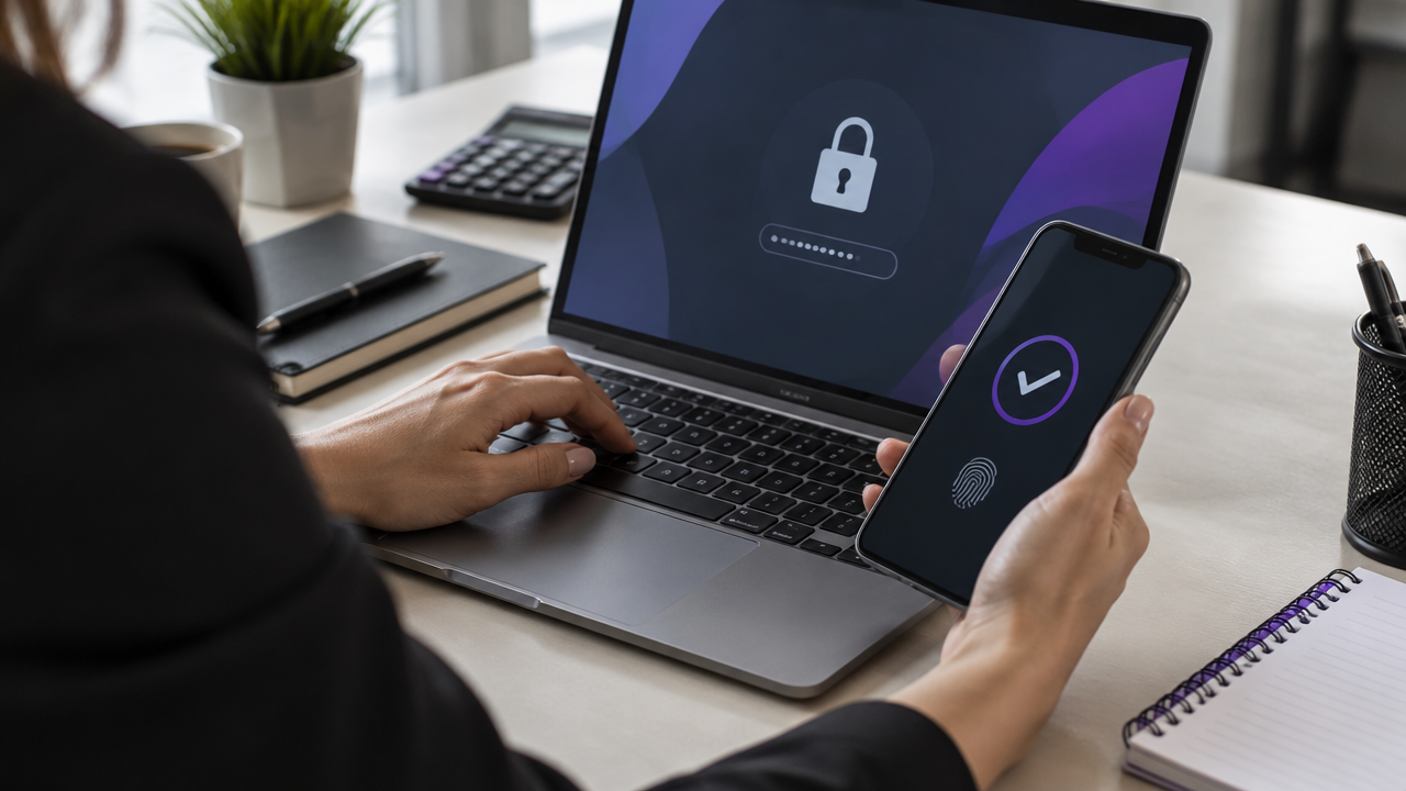 Profissional autenticando acesso ao sistema contábil com notebook e celular