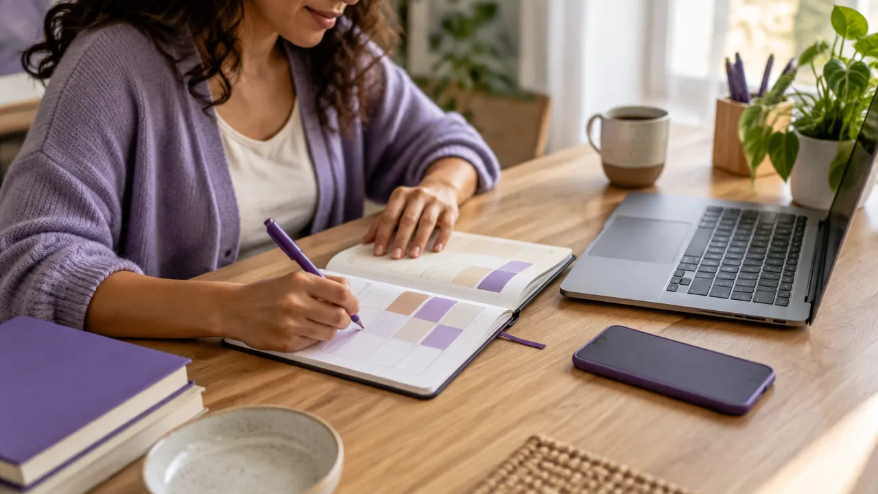 Profissional autônomo organiza horários de trabalho e pausas em uma agenda ao lado do notebook