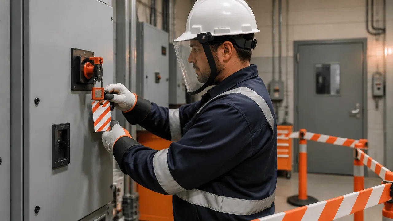 Profissional autorizado aplicando bloqueio físico em painel elétrico sinalizado e isolado