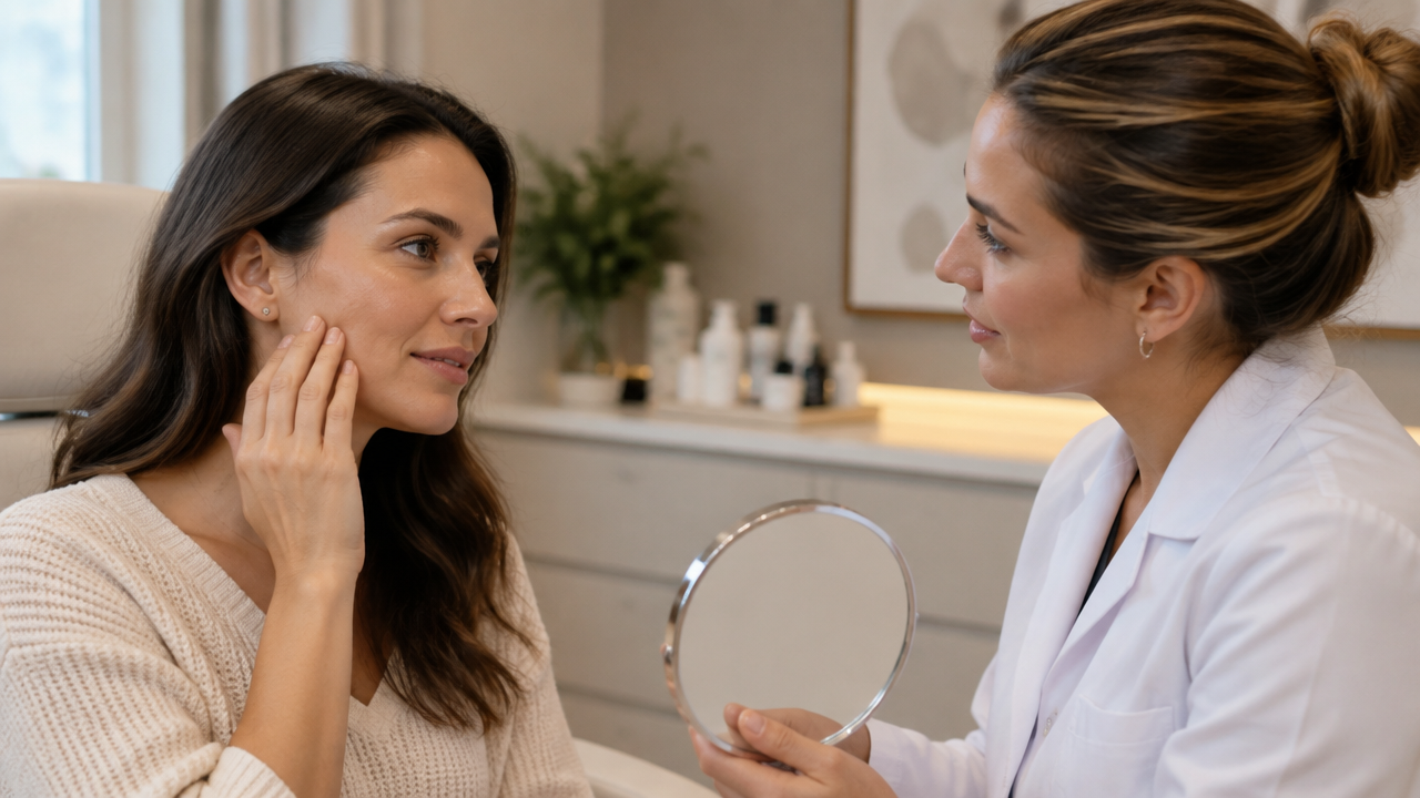Profissional avalia a pele de uma paciente em consulta para orientar uma rotina de skincare individualizada