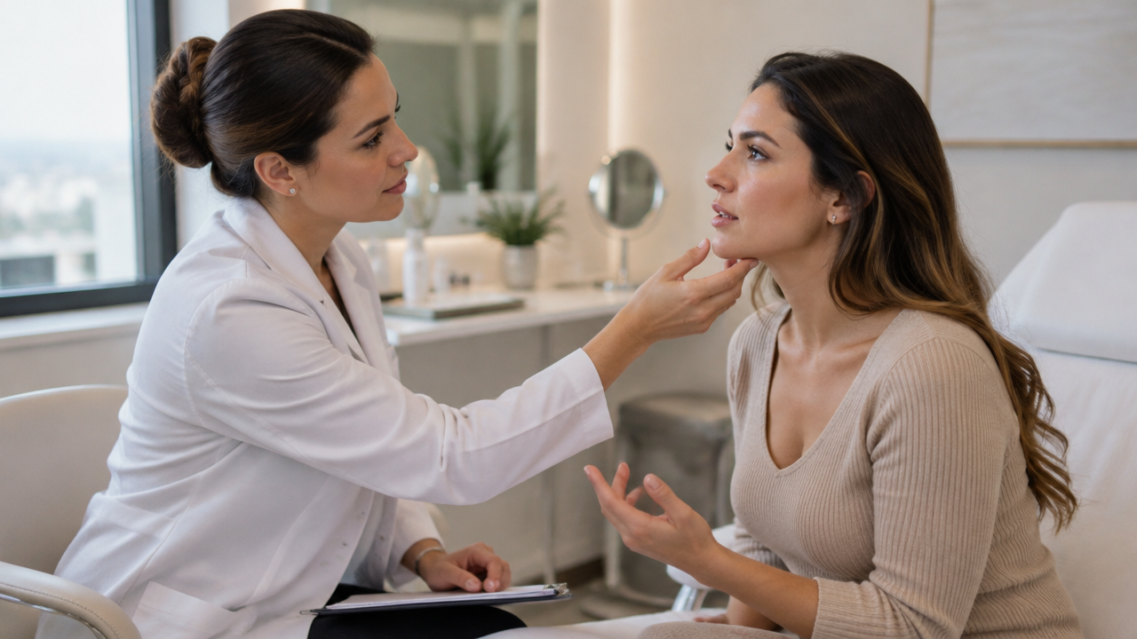 Profissional avalia individualmente o rosto de uma mulher durante consulta estética no pós-parto