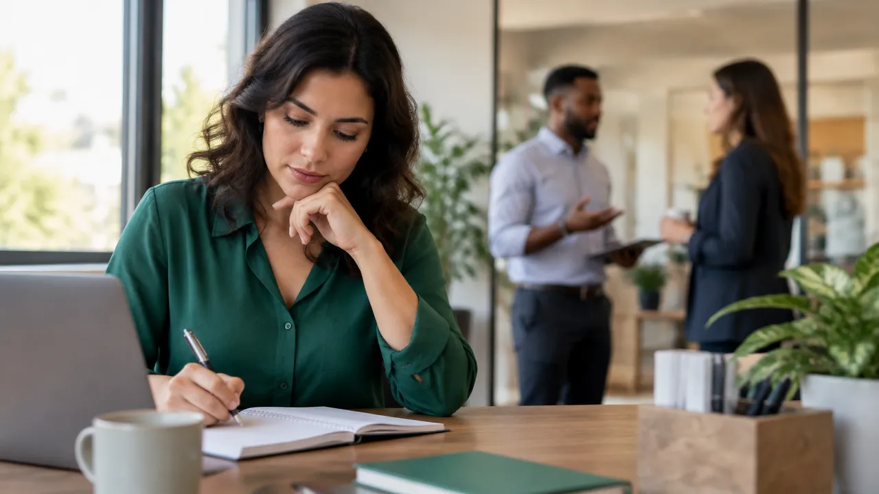 Profissional avalia uma mudança no trabalho antes de decidir como se adaptar, com apoio de colegas.
