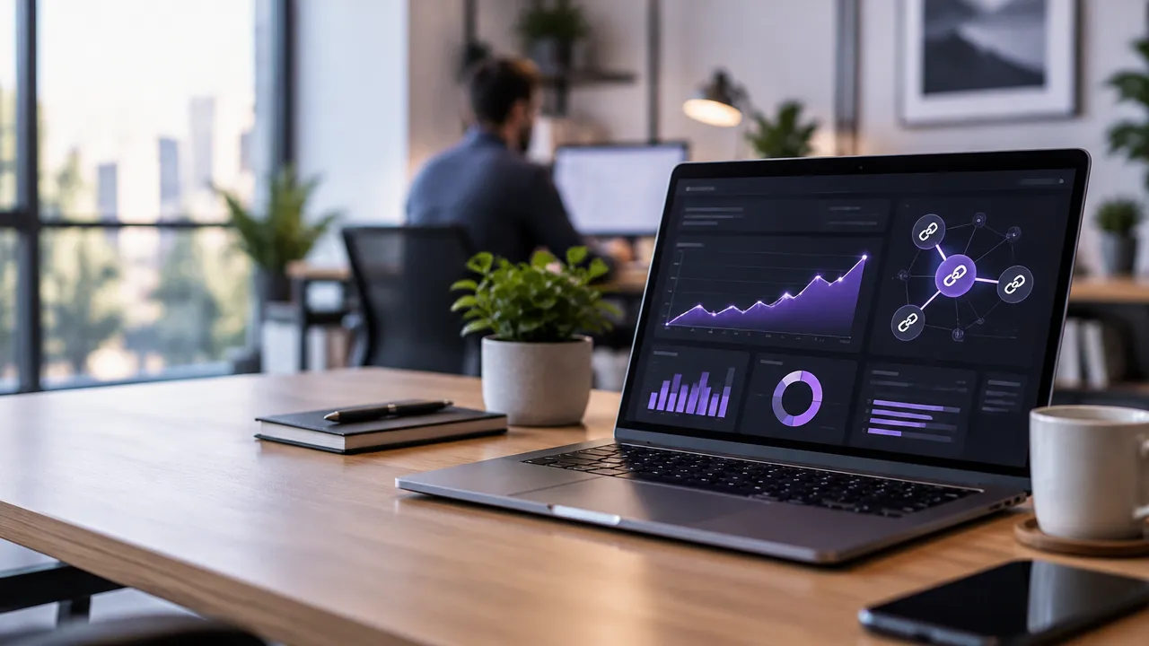 Profissional avaliando gráficos de SEO e conexões de links em um painel digital
