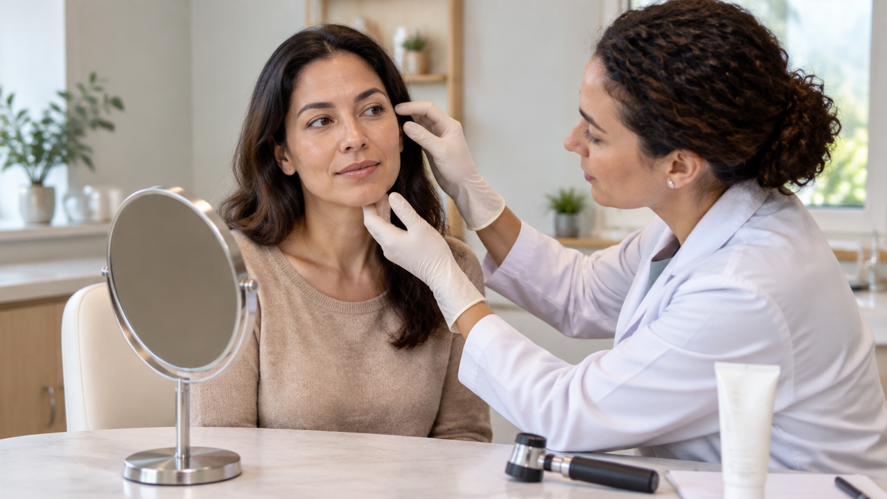 Profissional avaliando manchas faciais de uma paciente em consulta individualizada antes de definir cuidados sem laser