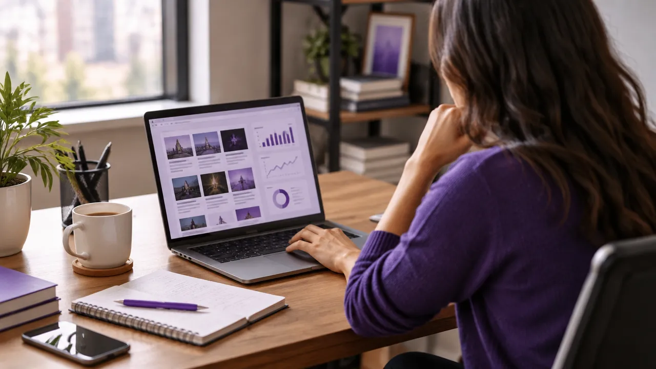 Profissional avaliando sites e métricas editoriais antes de propor um guest post