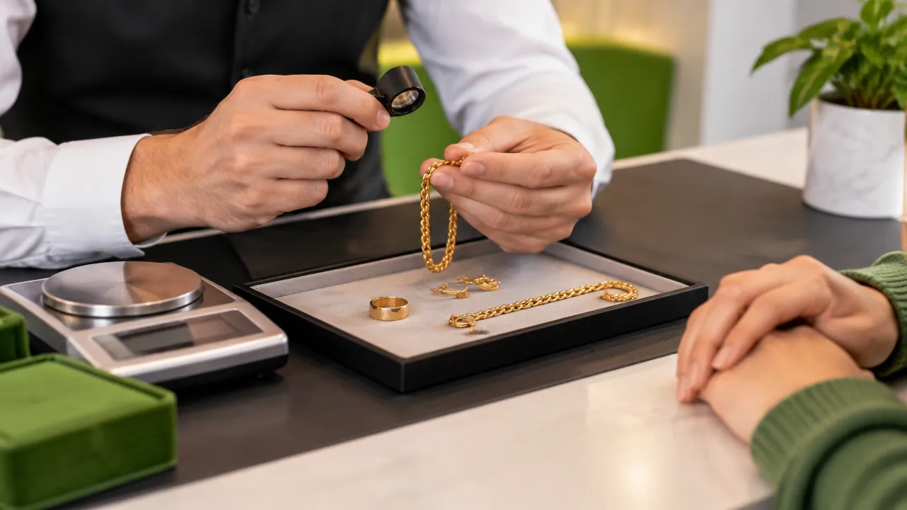 Profissional avaliando uma corrente e um anel de ouro com lupa e balança diante de um cliente