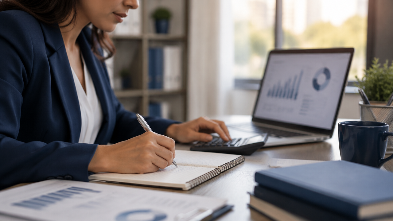 Profissional calcula o impacto das parcelas fiscais no fluxo de caixa mensal da empresa