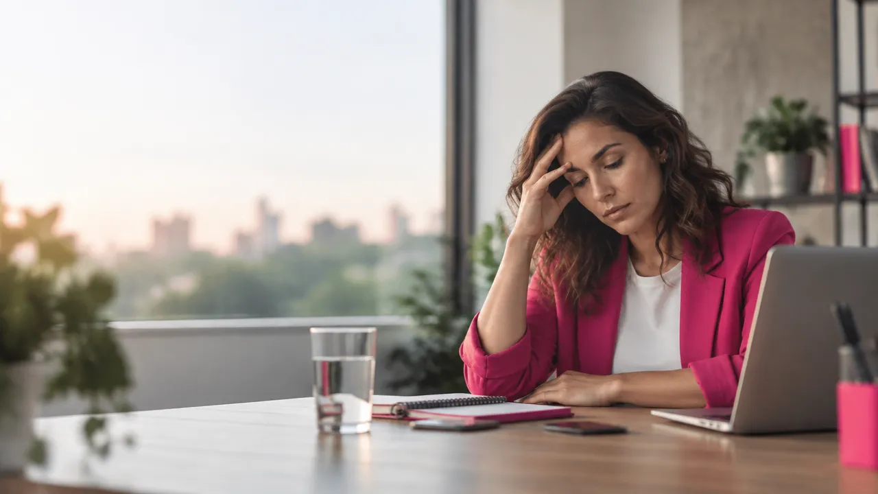 Profissional cansado faz uma pausa em sua mesa de trabalho, em um escritório iluminado por luz natural.