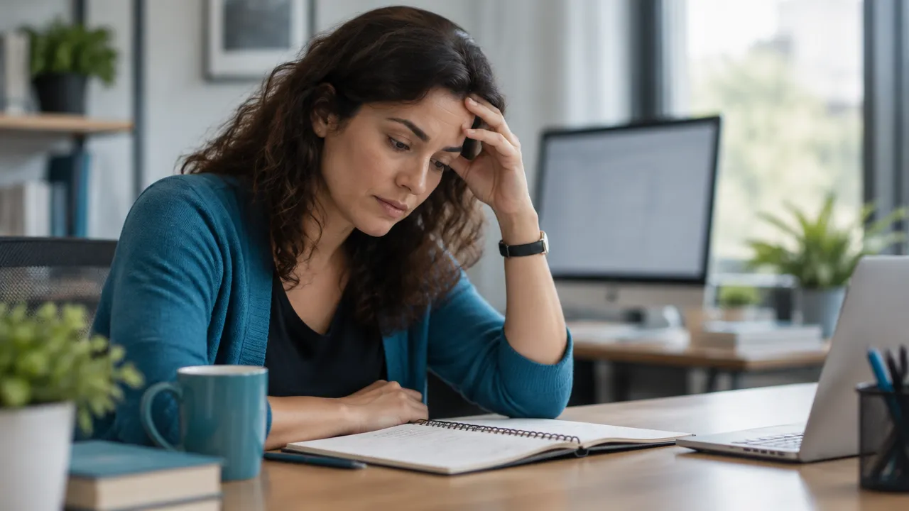 Profissional cansado observa anotações no escritório, ilustrando sinais de esgotamento relacionado ao trabalho